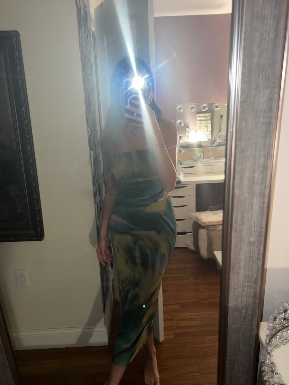 Zara Green and Yellow Strapless Slip Midi Dress